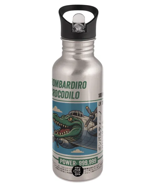 Bombardiro Crocodilo — Water bottle Silver with straw, stainless steel 600ml