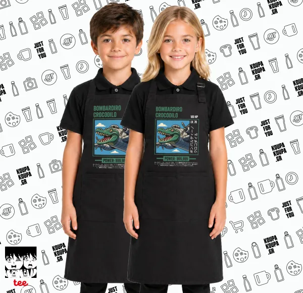 Bombardiro Crocodilo — Black kids' kitchen apron with 2 pockets (one size, kids)