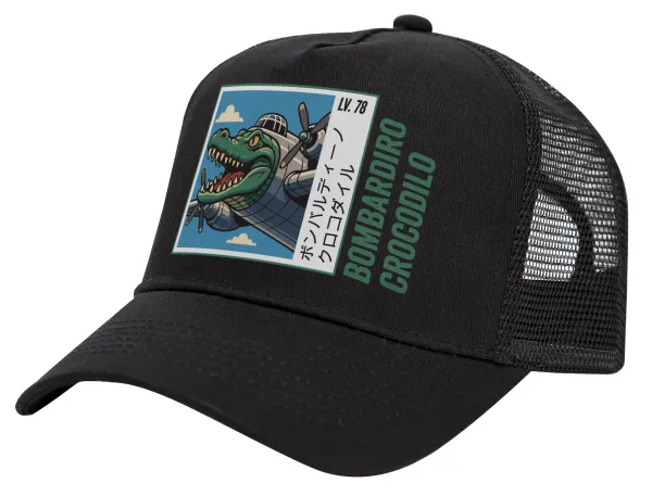 Bombardiro Crocodilo — Trucker Hat with Mesh, Black, (COTTON, KIDS, UNISEX, ONE SIZE)
