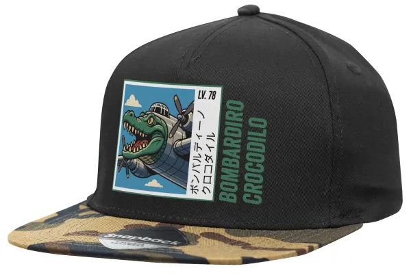 Bombardiro Crocodilo — Adult Flat Snapback Hat Black/Camouflage, (100% COTTON TWILL, ADULT, UNISEX, ONE SIZE)