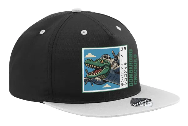 Bombardiro Crocodilo — Adult Flat Snapback Hat Black/Grey, (100% COTTON TWILL, ADULT, UNISEX, ONE SIZE)