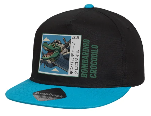 Bombardiro Crocodilo — Child's Flat Snapback Hat, Black/Blue (100% COTTON, CHILD, UNISEX, ONE SIZE)