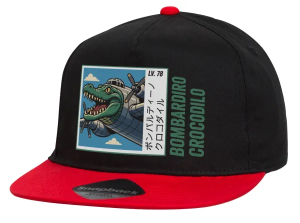 Bombardiro Crocodilo — Flat Snapback Hat, Black/Red (100% COTTON, UNISEX, ONE SIZE)