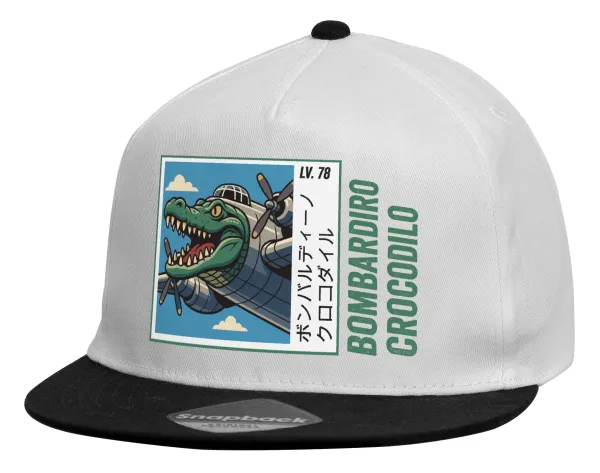 Bombardiro Crocodilo — Child's Flat Snapback Hat, White (100% COTTON, CHILDREN'S, UNISEX, ONE SIZE)