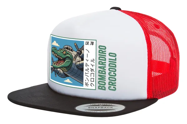 Bombardiro Crocodilo — Adult Foam Flat Snapback with Mesh Black-White-Red (POLYESTER, ADULT, UNISEX, ONE SIZE)