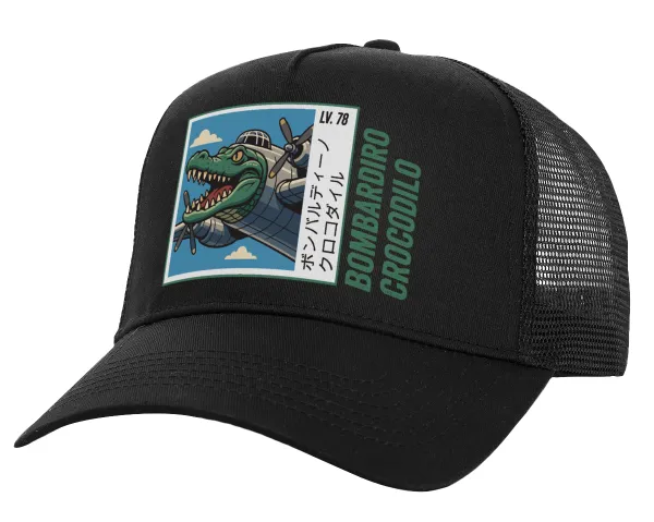 Bombardiro Crocodilo — Structured Trucker Adult Hat, with Mesh, Black (100% COTTON, ADULT, UNISEX, ONE SIZE)