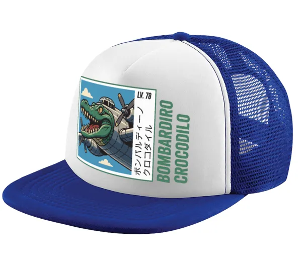 Bombardiro Crocodilo — Adult Soft Trucker Hat with Blue/White Mesh (POLYESTER, ADULT, UNISEX, ONE SIZE)