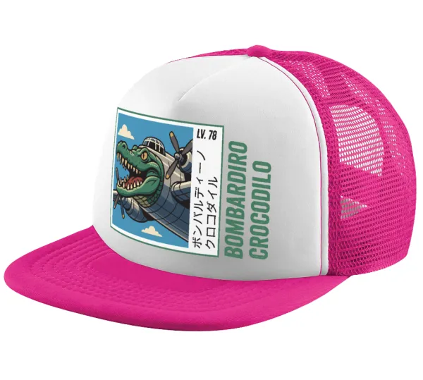 Bombardiro Crocodilo — Adult Soft Trucker Hat with Pink/White Mesh (POLYESTER, ADULT, UNISEX, ONE SIZE)