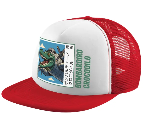 Bombardiro Crocodilo — Adult Soft Trucker Hat with Red/White Mesh (POLYESTER, ADULT, UNISEX, ONE SIZE)