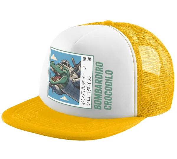 Bombardiro Crocodilo — Adult Soft Trucker Hat with Yellow/White Mesh (POLYESTER, ADULT, UNISEX, ONE SIZE)