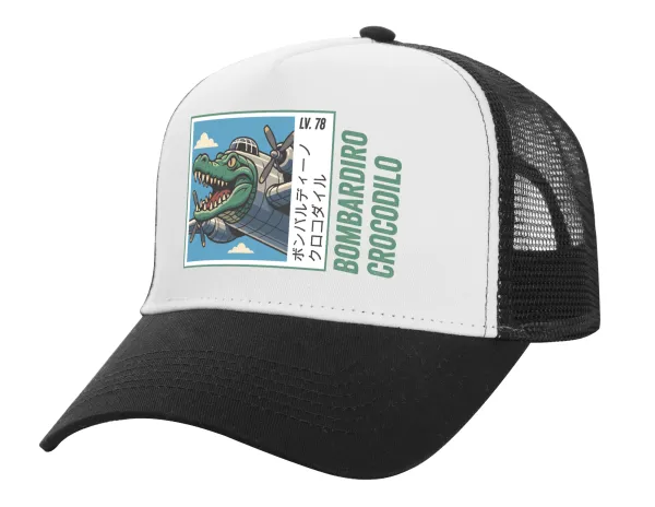 Bombardiro Crocodilo — Adult Structured Trucker Hat, with Mesh, WHITE/BLACK (100% COTTON, ADULT, UNISEX, ONE SIZE)