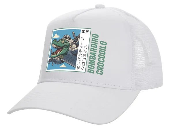 Bombardiro Crocodilo — Structured Trucker Adult Hat, with Mesh, WHITE (100% COTTON, ADULT, UNISEX, ONE SIZE)