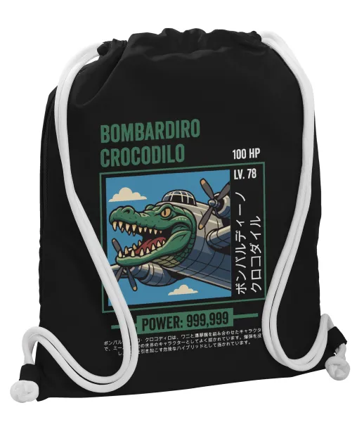 Bombardiro Crocodilo — Backpack pouch GYMBAG Black, with pocket (40x48cm) & thick white cords