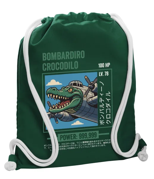 Bombardiro Crocodilo — Backpack pouch GYMBAG BOTTLE GREEN, with pocket (40x48cm) & thick white cords