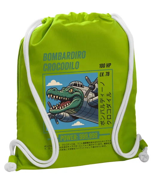 Bombardiro Crocodilo — Backpack bag GYMBAG LIME GREEN, with pocket (40x48cm) & thick cords