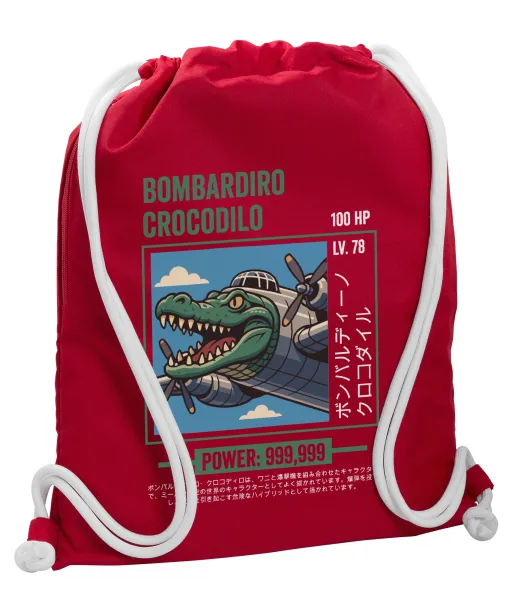 Bombardiro Crocodilo — Backpack pouch GYMBAG Red, with pocket (40x48cm) & thick cords