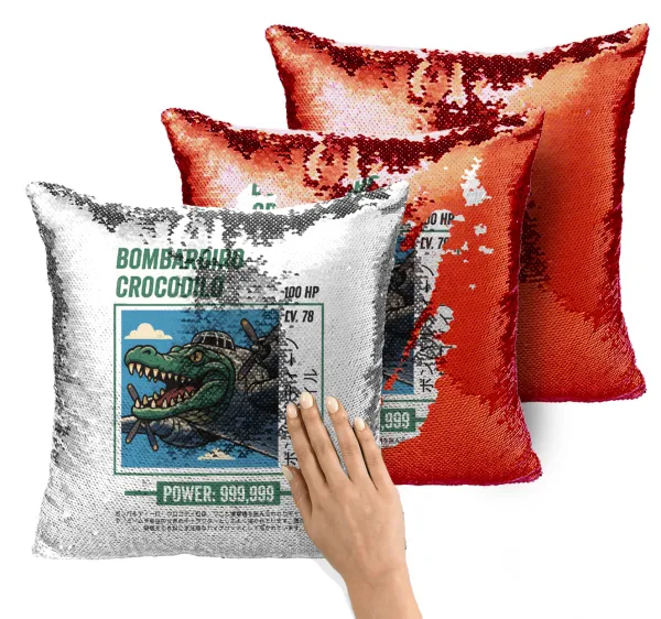 Bombardiro Crocodilo — Magic sofa cushion with red sequins, 40x40cm, filling included