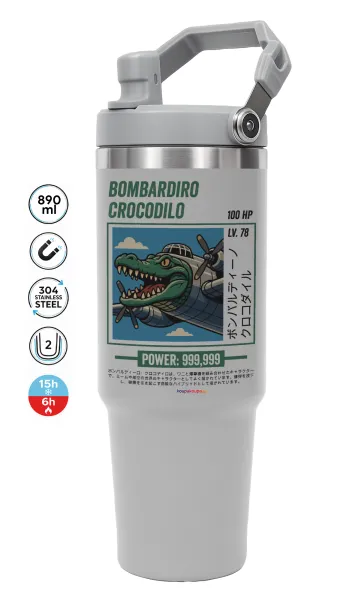 Bombardiro Crocodilo — GREY Travel Tumbler with Handle 890ml