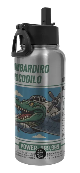 Bombardiro Crocodilo — Metal mug thermo Silver with Straw and Spout Lid (Stainless steel), double wall, 950ml