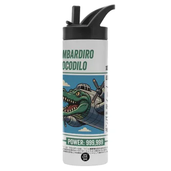 Bombardiro Crocodilo, Metallic thermos bottle with straw & handle, stainless steel (Stainless steel 304), double-walled, 600ml.
