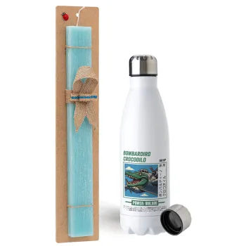 Bombardiro Crocodilo, Easter Set, metallic stainless steel water bottle (750ml) & aromatic flat Easter candle (30cm) (TURQUOISE)