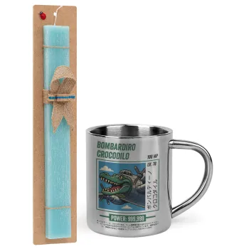 Bombardiro Crocodilo, Easter Set, metallic thermal cup (300ml) & aromatic flat Easter candle (30cm) (TURQUOISE)