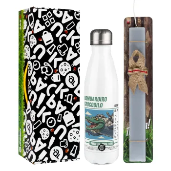 Bombardiro Crocodilo, Easter candle, metallic white thermos bottle (500ml) & aromatic flat candle (30cm) (GRAY)