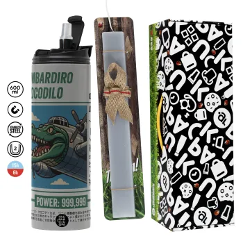 Bombardiro Crocodilo, Easter candle with Grey Tumbler Thermo 600ml & aromatic flat candle (30cm) (GREY)