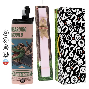 Bombardiro Crocodilo, Easter candle,Travel Tumbler 2 Lids, with metal straw & cleaning brush & aromatic flat candle (30cm) (PINK)