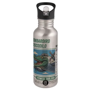 Bombardiro Crocodilo, Παγούρι νερού Ασημένιο με καλαμάκι, ανοξείδωτο ατσάλι 600ml