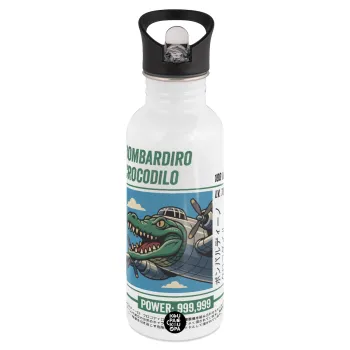 Bombardiro Crocodilo, White water bottle with straw, stainless steel 600ml