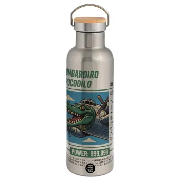 Bombardiro Crocodilo, Stainless steel Silver with wooden lid (bamboo), double wall, 750ml