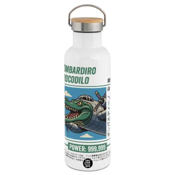 Bombardiro Crocodilo, Μεταλλικό παγούρι θερμός (Stainless steel) Λευκό με ξύλινο καπάκι (bamboo), διπλού τοιχώματος, 750ml