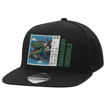 Bombardiro Crocodilo, Adult Flat Snapback Hat Black, (100% COTTON TWILL, ADULT, UNISEX, ONE SIZE)