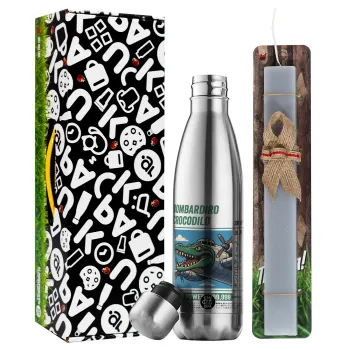 Bombardiro Crocodilo, Easter Set, metallic stainless thermos flask (500ml) & scented flat Easter candle (30cm) (GRAY)