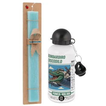 Bombardiro Crocodilo, Easter Set, metallic aluminum water bottle (500ml) & scented flat candle (30cm) (TURQUOISE)