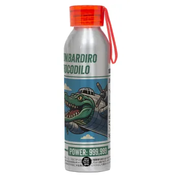 Bombardiro Crocodilo, Αλουμινένιο Αθλητικό Μπουκάλι 650ml – Ασημί με Κόκκινο Καπάκι και Λουράκι Σιλικόνης