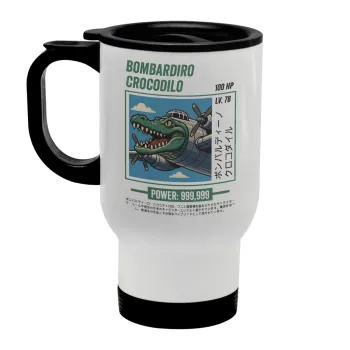 Bombardiro Crocodilo, Stainless steel travel mug with lid, double wall white 450ml