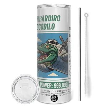 Bombardiro Crocodilo, Tumbler ποτήρι θερμό από ανοξείδωτο ατσάλι 600ml, με μεταλλικό καλαμάκι & βούρτσα καθαρισμού