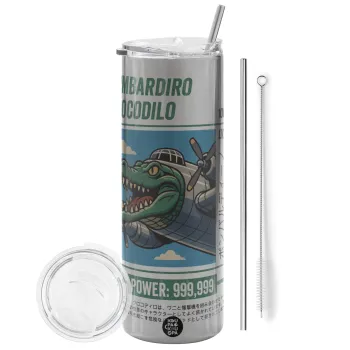 Bombardiro Crocodilo, Tumbler stainless steel Silver 600ml, with metal straw & cleaning brush