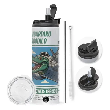 Bombardiro Crocodilo, Travel Tumbler 2 Lids, with metal straw & cleaning brush (Stainless steel 304 Food grade, BPA free, 600ml)
