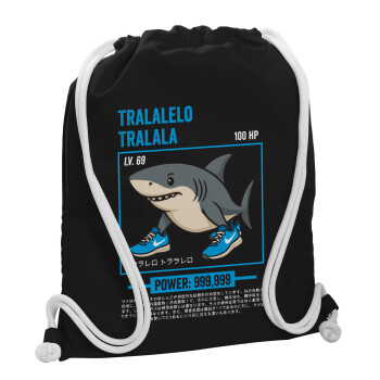 Tralalero Tralala, Backpack pouch GYMBAG Black, with pocket (40x48cm) & thick white cords
