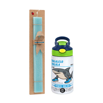 Tralalero Tralala, Easter Set, Children's thermal stainless steel bottle with safety straw, green/blue (350ml) & aromatic flat Easter candle (30cm) (TURQUOISE)
