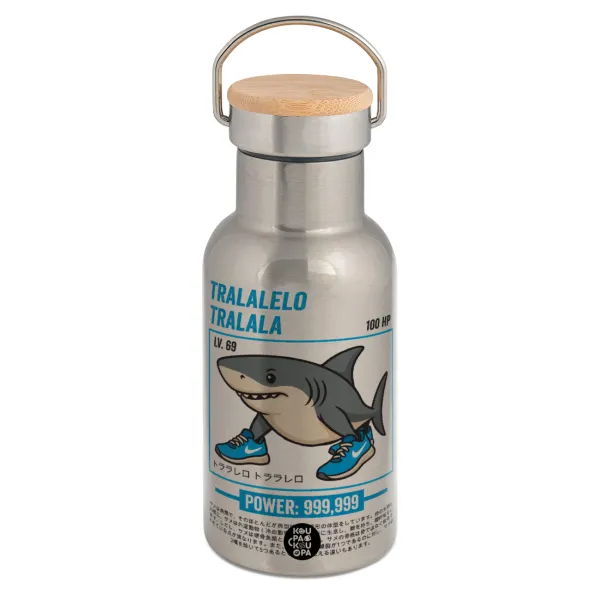 Tralalero Tralala — Stainless steel metallic thermos flask, silver with a bamboo lid, double-walled, 350ml.