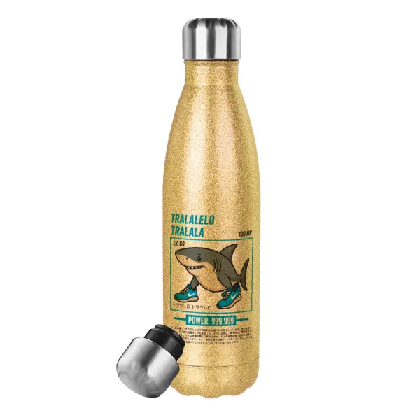 Tralalero Tralala — Glitter gold stainless steel thermos bottle, double-walled, 500ml