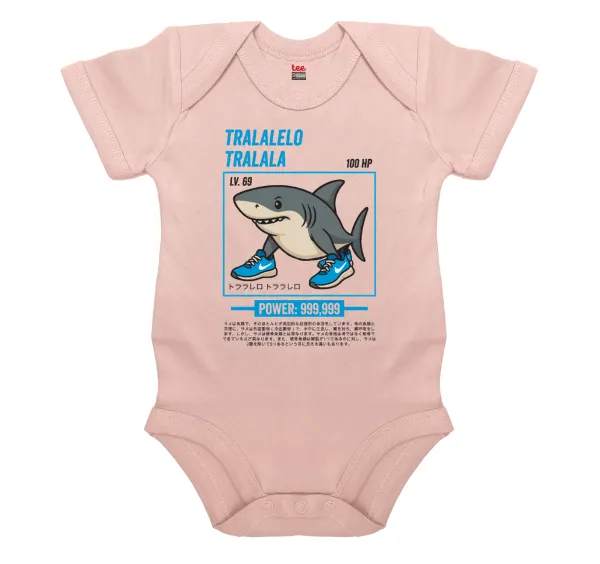 Tralalero Tralala — Short-sleeve baby bodysuit, 0-18 months, POWDER PINK, 100% organic cotton