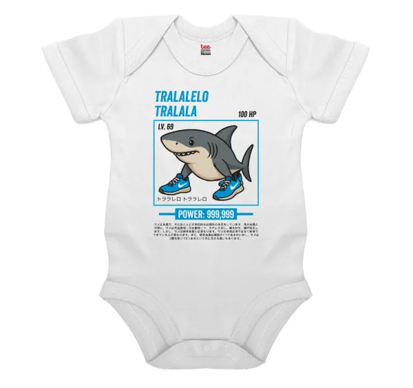 Tralalero Tralala — Short-sleeve baby bodysuit, 0-24 months, WHITE, 100% organic cotton