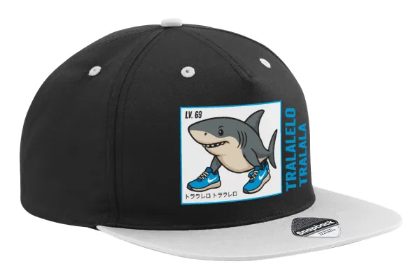 Tralalero Tralala — Adult Flat Snapback Hat Black/Grey, (100% COTTON TWILL, ADULT, UNISEX, ONE SIZE)