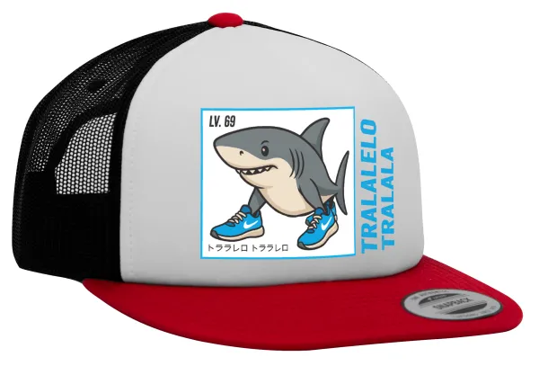 Tralalero Tralala — Adult Foam Flat Snapback with Mesh Red-White-Black (POLYESTER, ADULT, UNISEX, ONE SIZE)