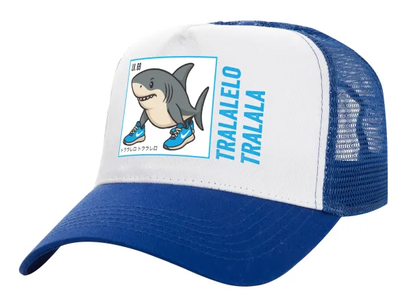 Tralalero Tralala — Adult Structured Trucker Hat, with Mesh, WHITE/BLUE (100% COTTON, ADULT, UNISEX, ONE SIZE)